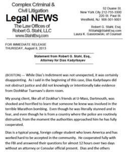 Kadyrbayev August 2013 Indictment Statement Law Offices of Robert G Stahl